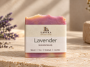 Lavender artisan soap bar wrapped in a cream paper label