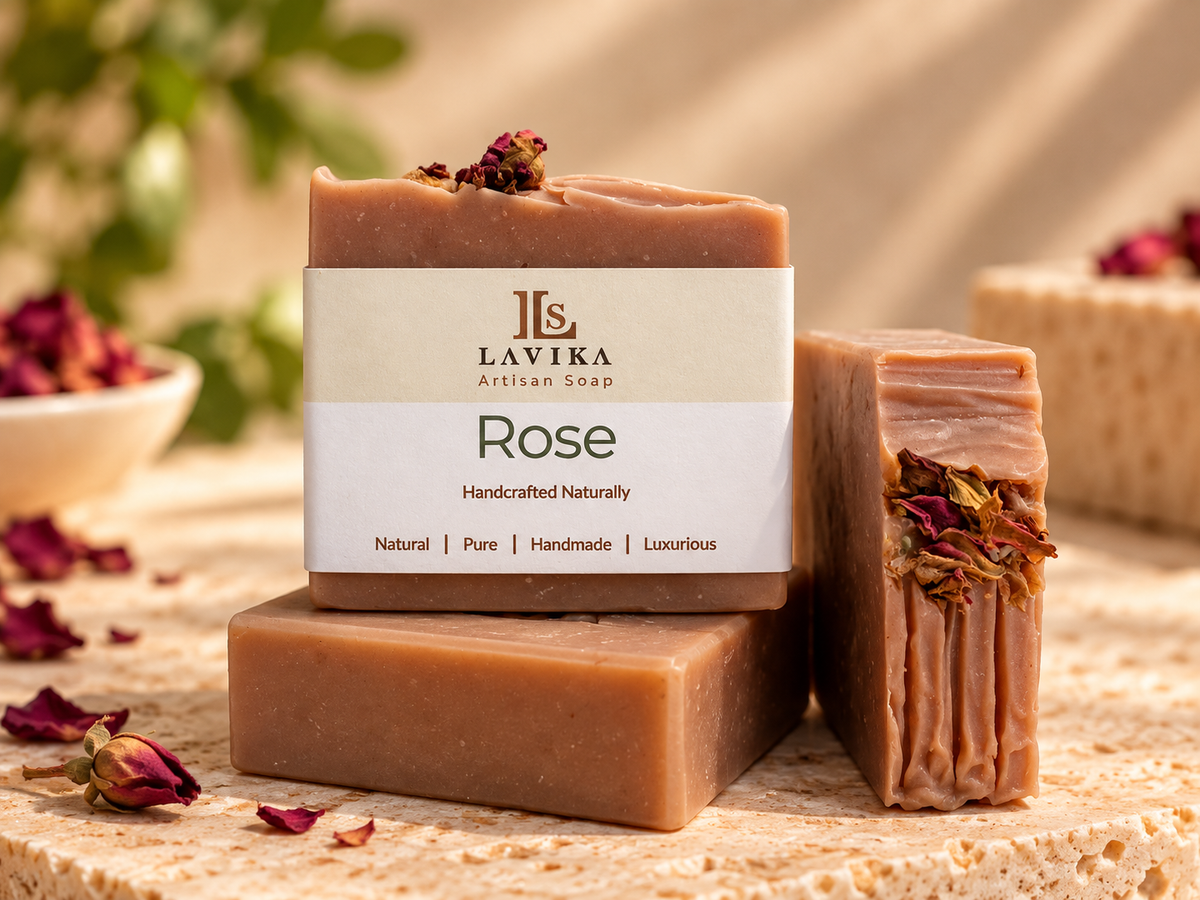 Lavika Rose artisan soap bars in a warm brown tone, with dried rose petals on top and inside the bars, displayed on a textured surface with a soft, blurred background.