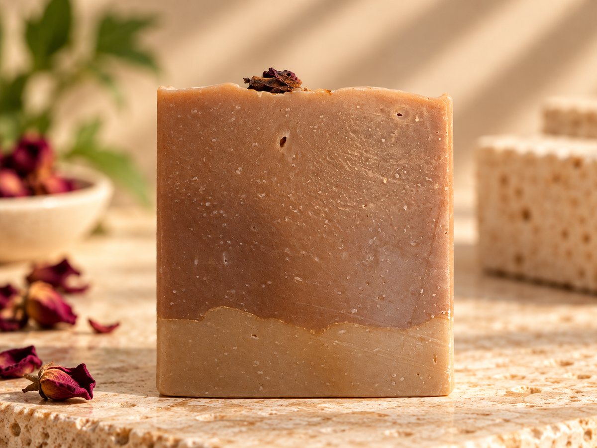A rectangular handmade soap bar with a two-tone design, featuring a smooth medium brown top half and a lighter tan bottom half,